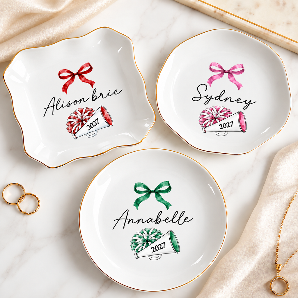 Customer in Los Angeles wearing Personalized Cheerleader Pom Pom Dish with Custom Name Gold Rim Porcelain Trinket Tray Gift for Squa