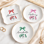 Customer in Los Angeles wearing Personalized Cheerleader Pom Pom Dish with Custom Name Gold Rim Porcelain Trinket Tray Gift for Squa