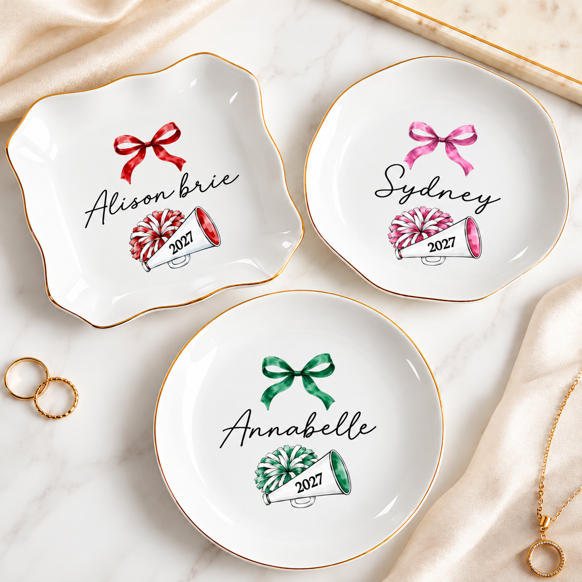 Customer in Los Angeles wearing Personalized Cheerleader Pom Pom Dish with Custom Name Gold Rim Porcelain Trinket Tray Gift for Squa