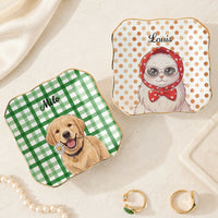 Personalized Pet Trinket Dish Custom Pet Portrait Art Jewelry Tray For Pet Lovers Preppy Cottagecore Aesthetic Pastel Ceramic Ring Dish Decorative Plate With Gold Rim Custom Dog Cat Name Ring Holder Pet Memorial Gifting AST-5715-2550