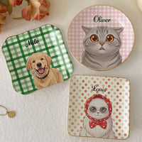 Personalized Pet Trinket Dish Custom Pet Portrait Art Jewelry Tray For Pet Lovers Preppy Cottagecore Aesthetic Pastel Ceramic Ring Dish Decorative Plate With Gold Rim Custom Dog Cat Name Ring Holder Pet Memorial Gifting AST-5715-2550