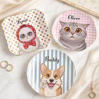 Personalized Pet Trinket Dish Custom Pet Portrait Art Jewelry Tray For Pet Lovers Preppy Cottagecore Aesthetic Pastel Ceramic Ring Dish Decorative Plate With Gold Rim Custom Dog Cat Name Ring Holder Pet Memorial Gifting AST-5715-2550