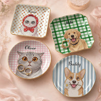 Personalized Pet Trinket Dish Custom Pet Portrait Art Jewelry Tray For Pet Lovers Preppy Cottagecore Aesthetic Pastel Ceramic Ring Dish Decorative Plate With Gold Rim Custom Dog Cat Name Ring Holder Pet Memorial Gifting AST-5715-2550
