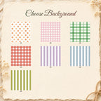 Catalog guide showing seven background options labeled A1 through A7 with polka dots, gingham, and vertical stripes.