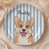 Personalized Pet Trinket Dish Custom Pet Portrait Art Jewelry Tray For Pet Lovers Preppy Cottagecore Aesthetic Pastel Ceramic Ring Dish Decorative Plate With Gold Rim Custom Dog Cat Name Ring Holder Pet Memorial Gifting AST-5715-2550