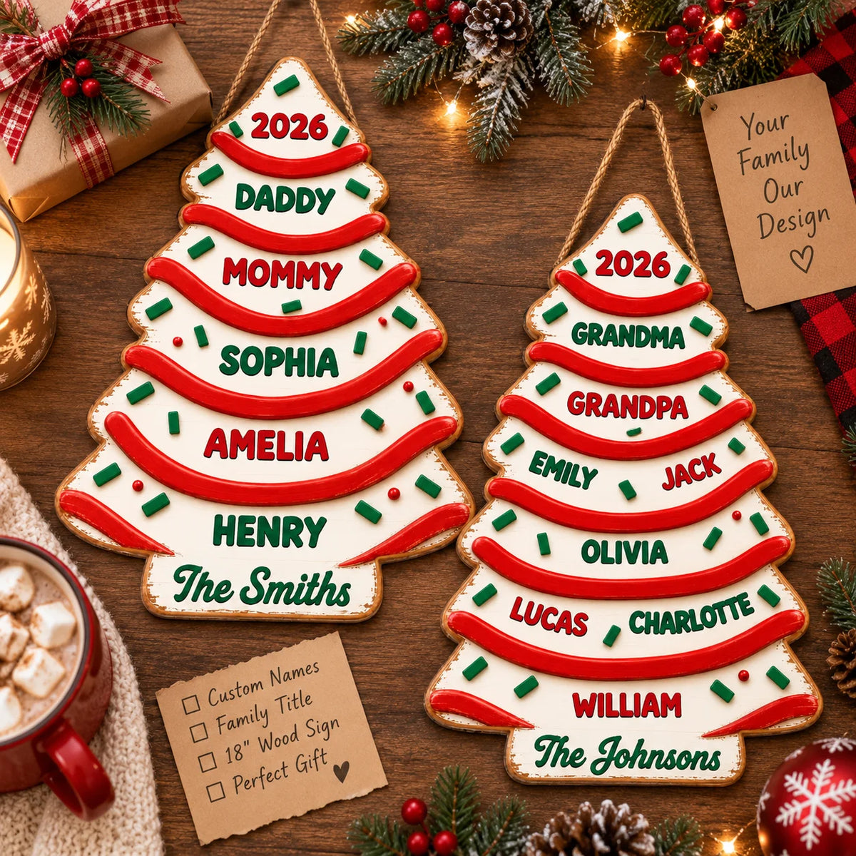 Close-up of Personalized Family Christmas Tree Ornament Custom Name Holiday Keepsake Gift