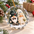 Personalized gnome wedding couple ornament resting on a wooden surface with a wrapped gift and pine branches in the