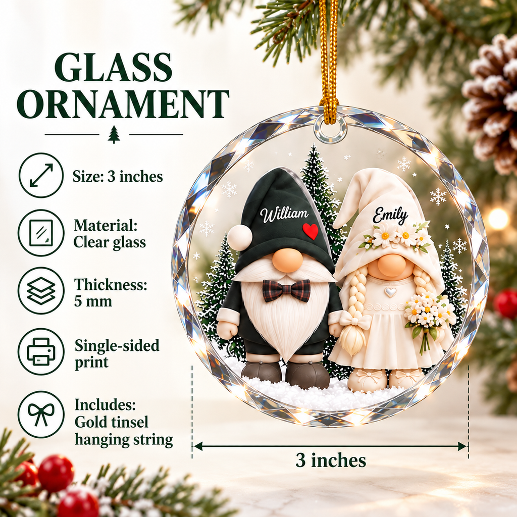 Customer in Los Angeles wearing Personalized Gnome Wedding Couple Ornament Custom Bride and Groom Christmas Tree Decoration Gift