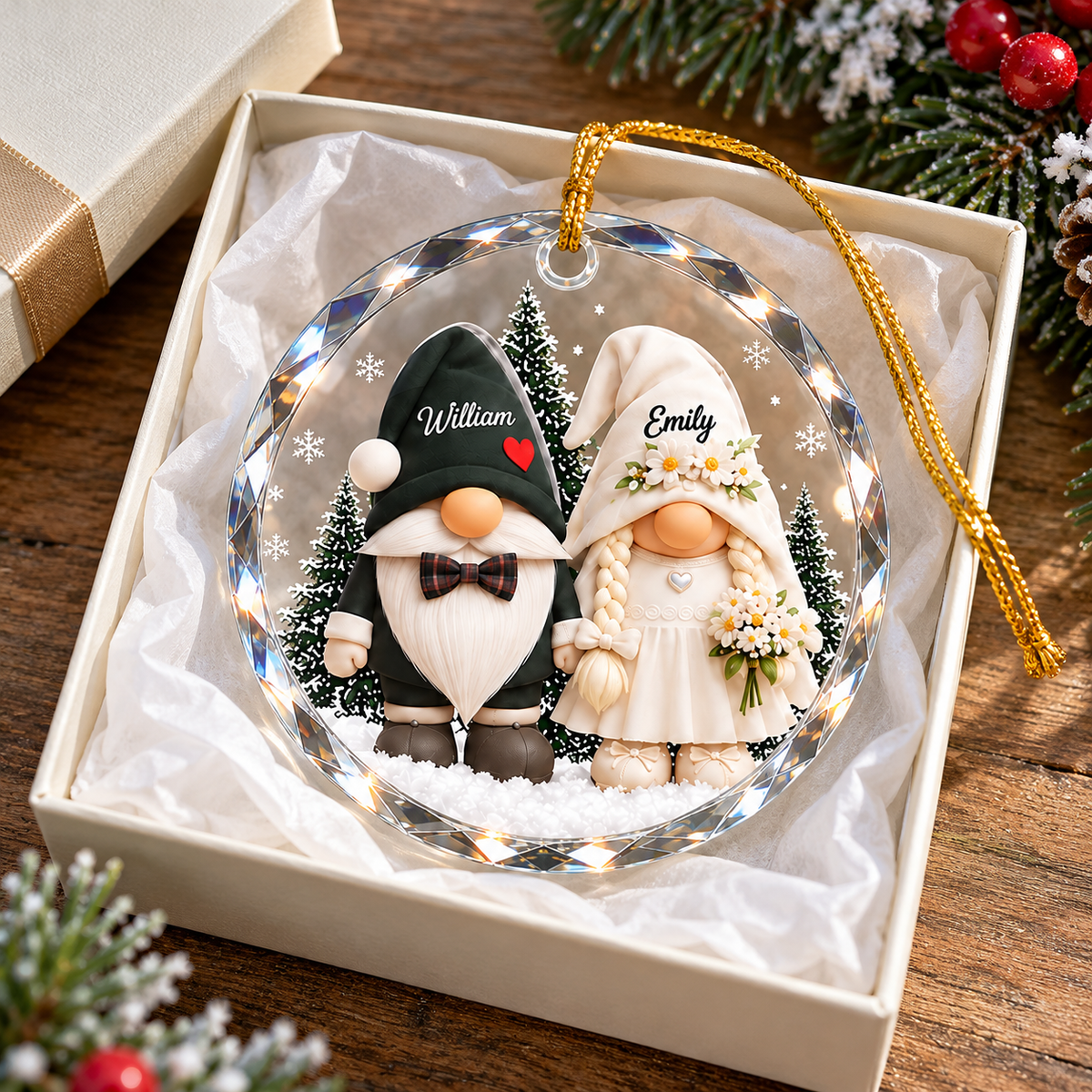 Close-up of Personalized Gnome Wedding Couple Ornament Custom Bride and Groom Christmas Tree Decoration Gift for streetwear fans in Los Angeles