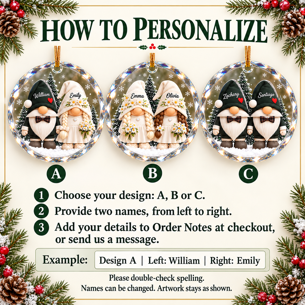 Customer in Los Angeles wearing Personalized Gnome Wedding Couple Ornament Custom Bride and Groom Christmas Tree Decoration Gift