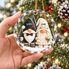 Customer in Los Angeles wearing Personalized Gnome Wedding Couple Ornament Custom Bride and Groom Christmas Tree Decoration Gift