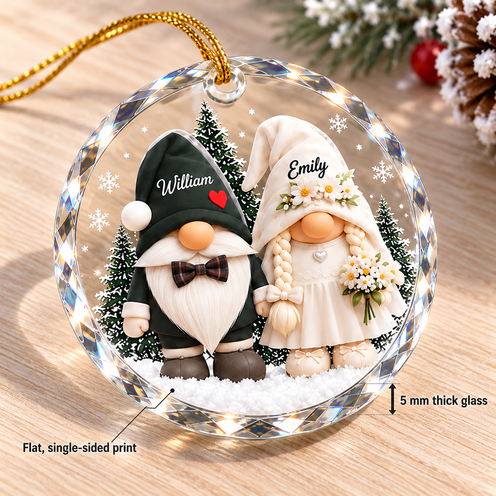 Close-up of Personalized Gnome Wedding Couple Ornament Custom Bride and Groom Christmas Tree Decoration Gift for streetwear fans in Los Angeles