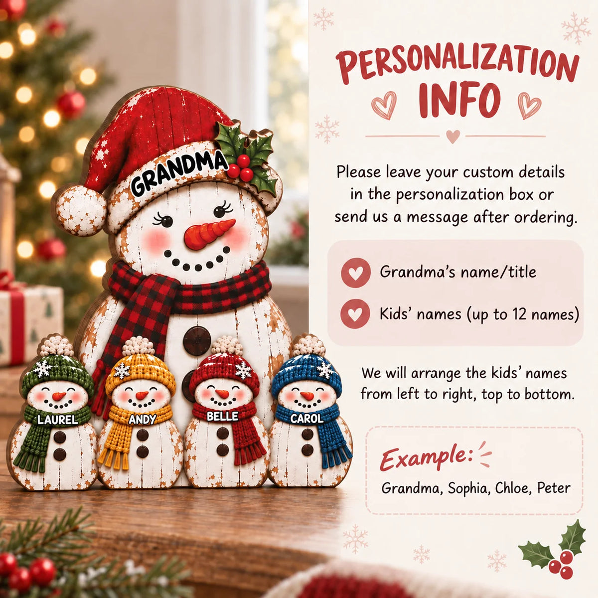 Personalized Grandma Ornament Custom Name Snowman Family Wooden Christmas Gift