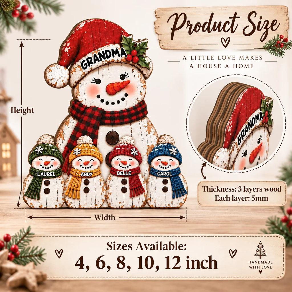 Close-up of Personalized Grandma Ornament Custom Name Snowman Family Wooden Christmas Gift