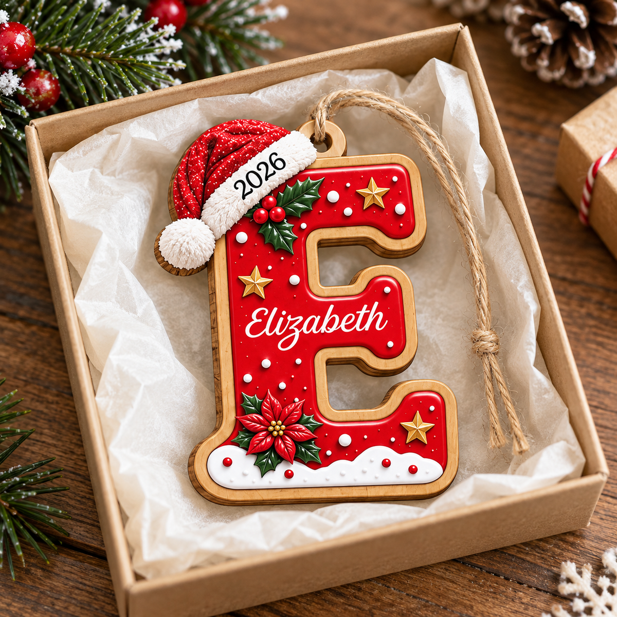 A red wooden initial Christmas ornament personalized with a name and year inside a gift box.