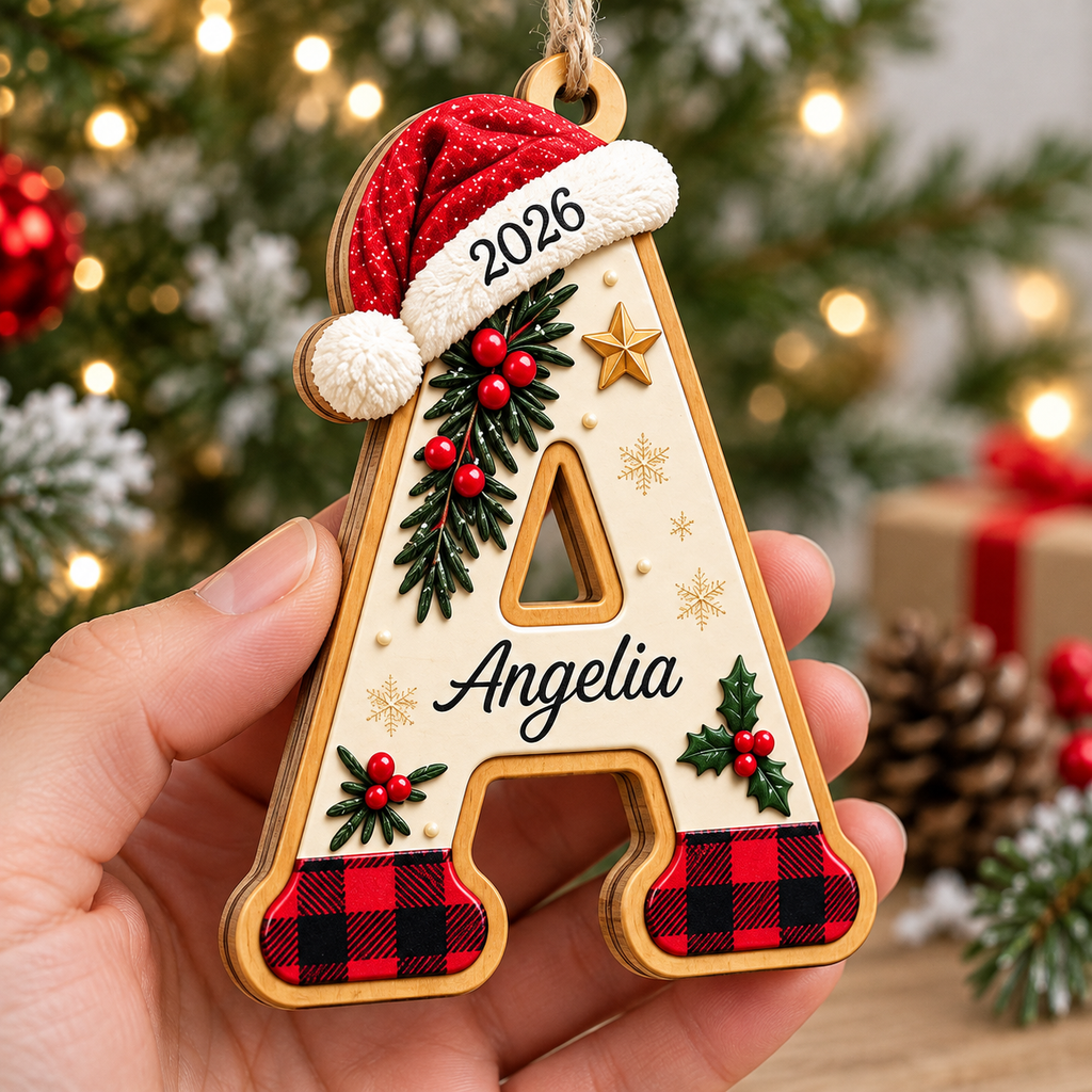 Customer in Los Angeles wearing Personalized Initial Christmas Ornament Custom Name Wooden Monogram Holiday Gift
