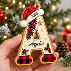 Customer in Los Angeles wearing Personalized Initial Christmas Ornament Custom Name Wooden Monogram Holiday Gift