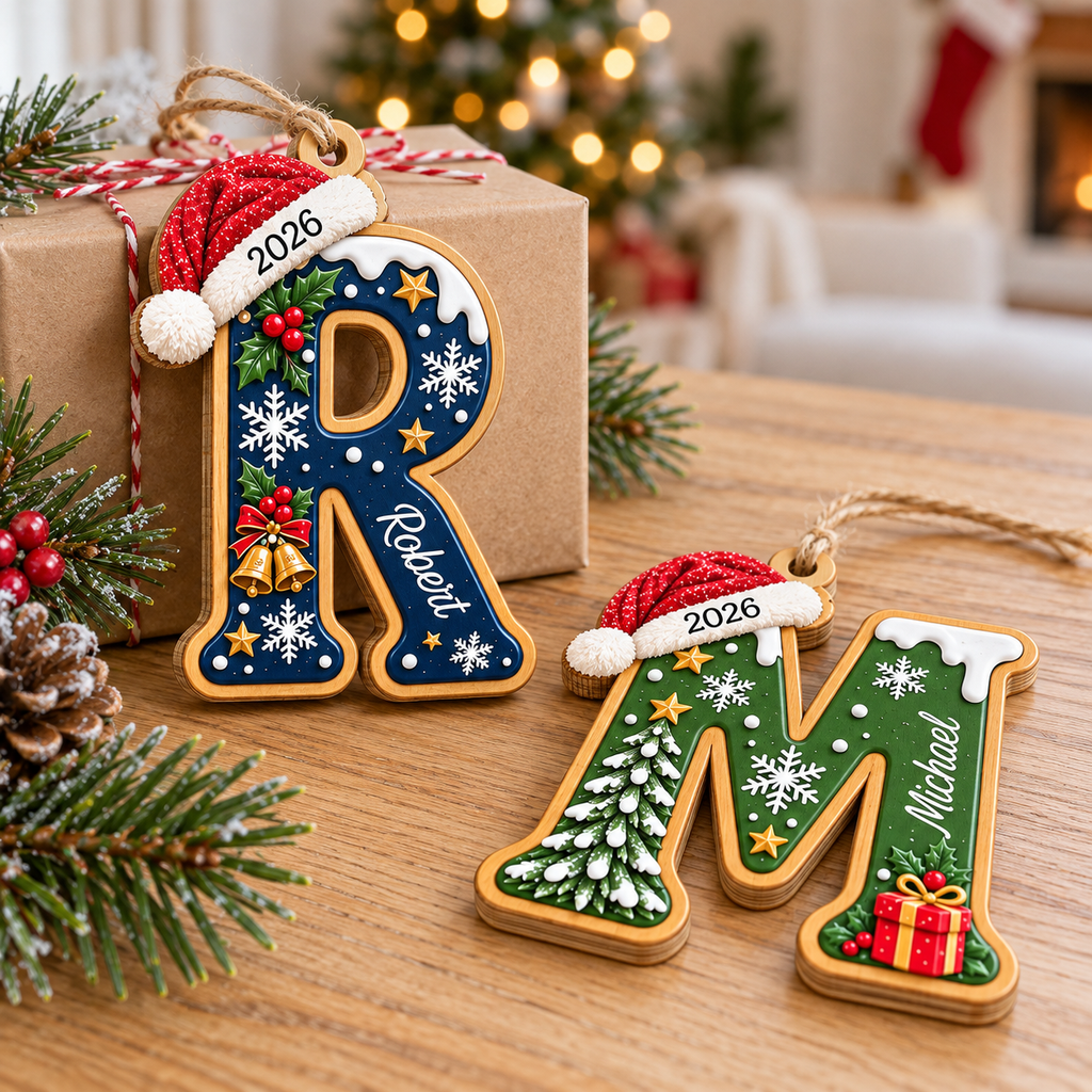 Customer in Los Angeles wearing Personalized Initial Christmas Ornament Custom Name Wooden Monogram Holiday Gift