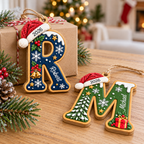 Customer in Los Angeles wearing Personalized Initial Christmas Ornament Custom Name Wooden Monogram Holiday Gift