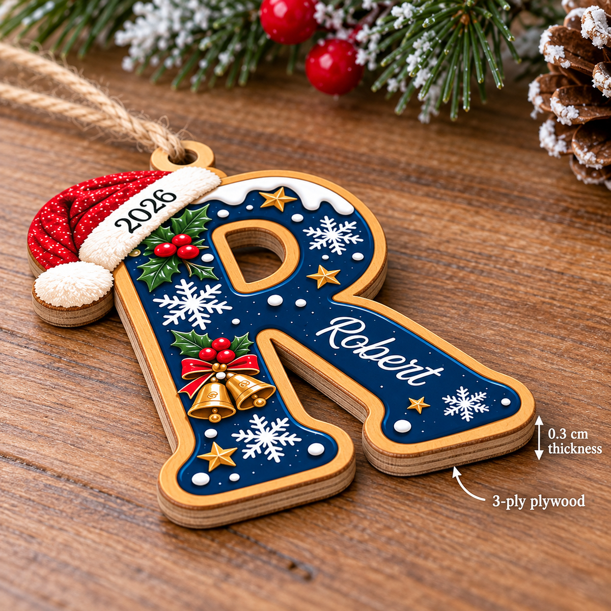 Close-up of Personalized Initial Christmas Ornament Custom Name Wooden Monogram Holiday Gift for streetwear fans in Los Angeles