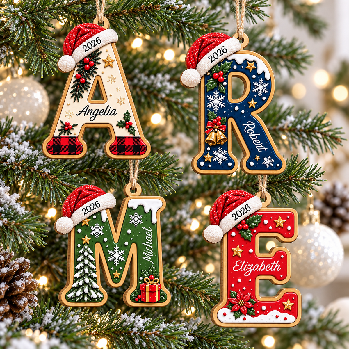 Four personalized wooden initial Christmas ornaments hanging on a snowy tree with lights.