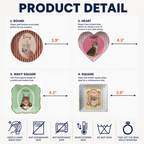 Product detail guide showing dimensions for round, heart, wavy square, and square ceramic pet portrait dishes.