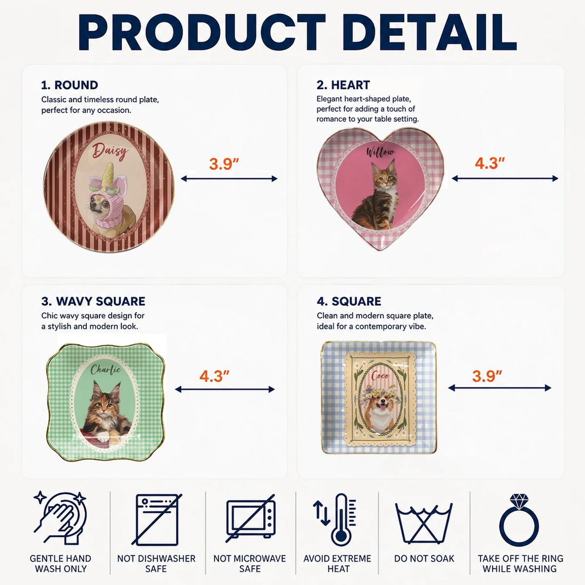 Product detail guide showing dimensions for round, heart, wavy square, and square ceramic pet portrait dishes.