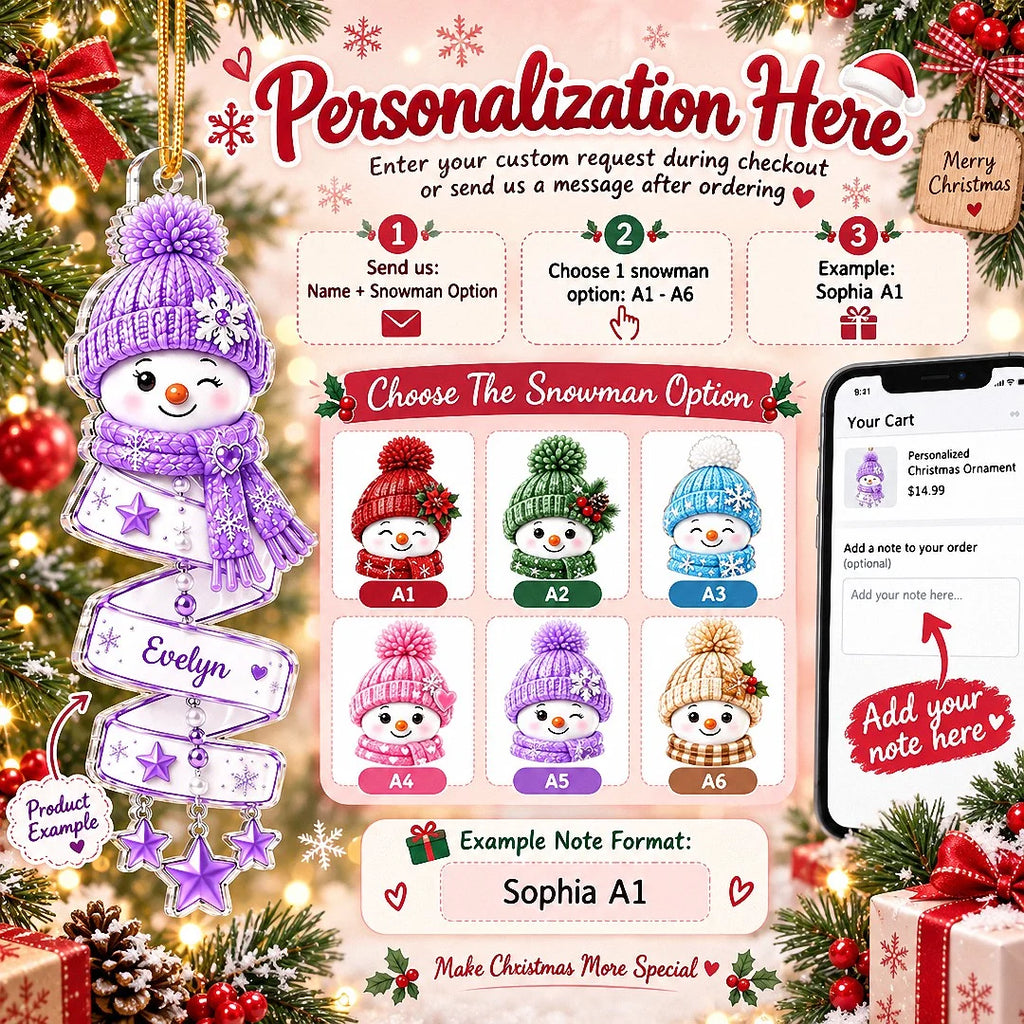 Close-up of Personalized Snowman Ornament Custom Name Christmas Gift for Kids Family Holiday Tree Decoration