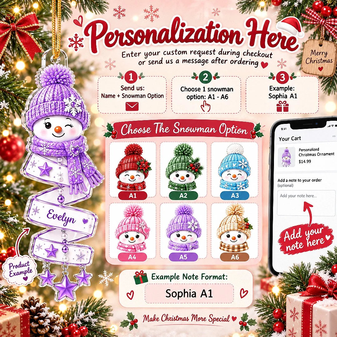 Close-up of Personalized Snowman Ornament Custom Name Christmas Gift for Kids Family Holiday Tree Decoration
