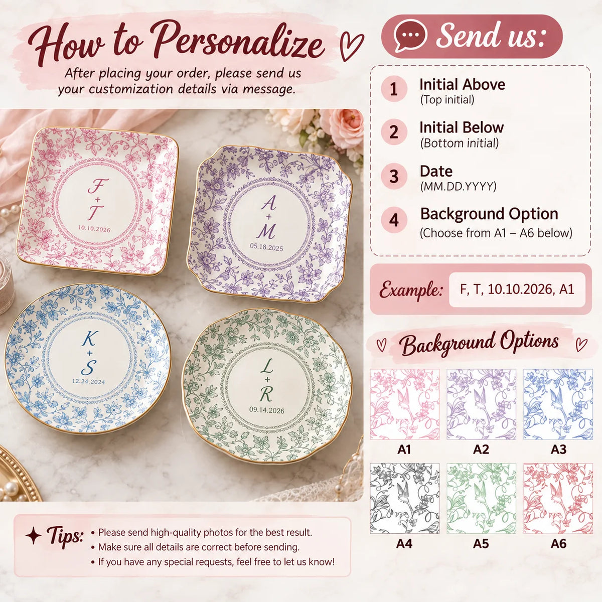 Personalized Toile Pattern Trinket Dish Custom Ceramic Jewelry Ring Holder Wedding Bridal Shower Gif