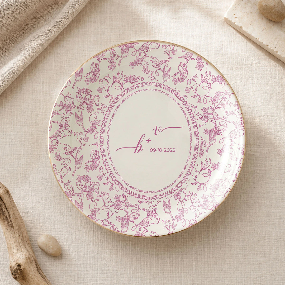 Close-up of Personalized Toile Pattern Trinket Dish Custom Ceramic Jewelry Ring Holder Wedding Bridal Shower Gif