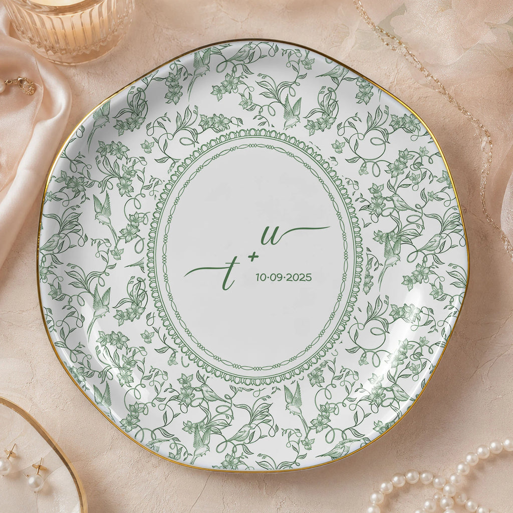 Personalized Toile Pattern Trinket Dish Custom Ceramic Jewelry Ring Holder Wedding Bridal Shower Gif