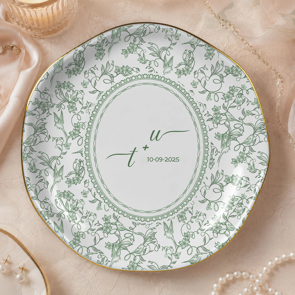 Personalized Toile Pattern Trinket Dish Custom Ceramic Jewelry Ring Holder Wedding Bridal Shower Gif