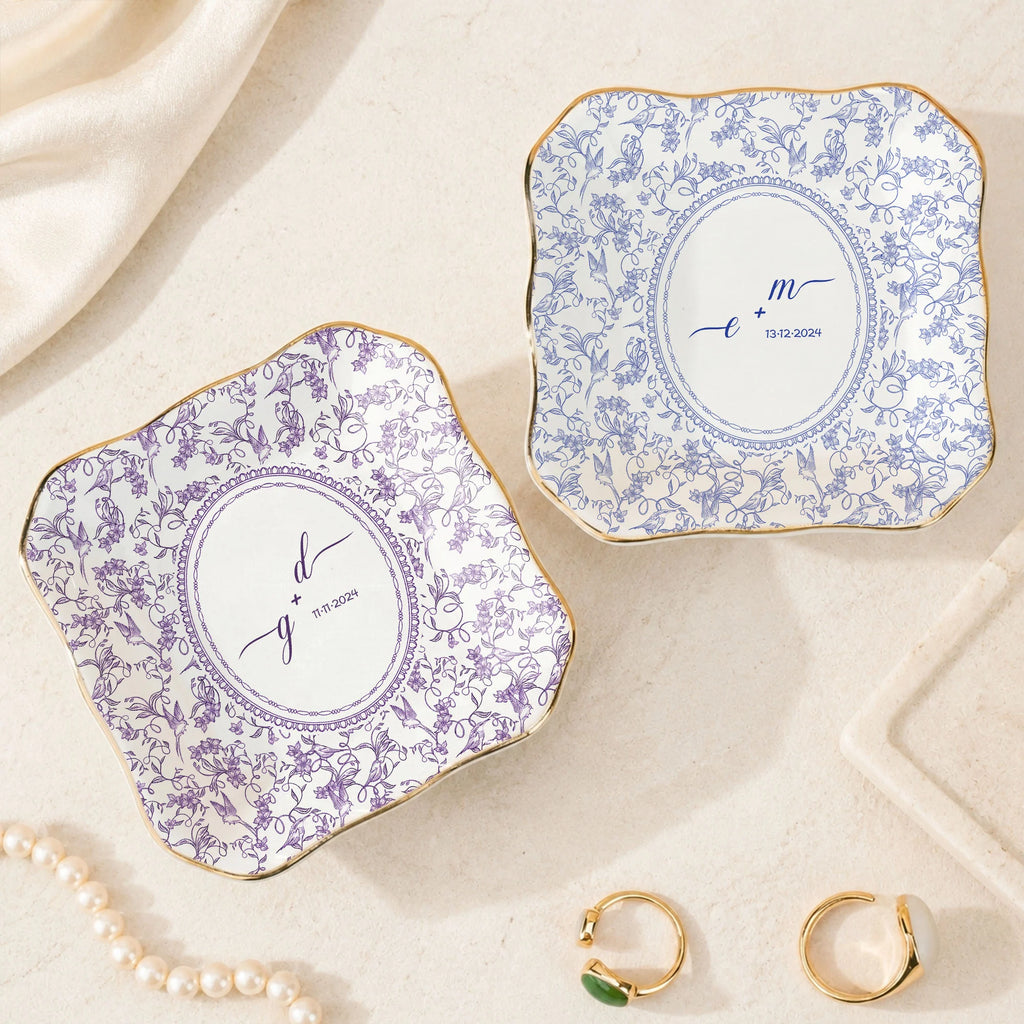 Personalized Toile Pattern Trinket Dish Custom Ceramic Jewelry Ring Holder Wedding Bridal Shower Gif