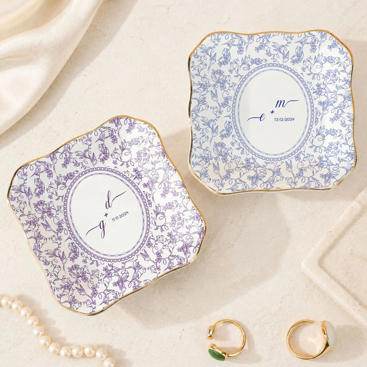 Personalized Toile Pattern Trinket Dish Custom Ceramic Jewelry Ring Holder Wedding Bridal Shower Gif