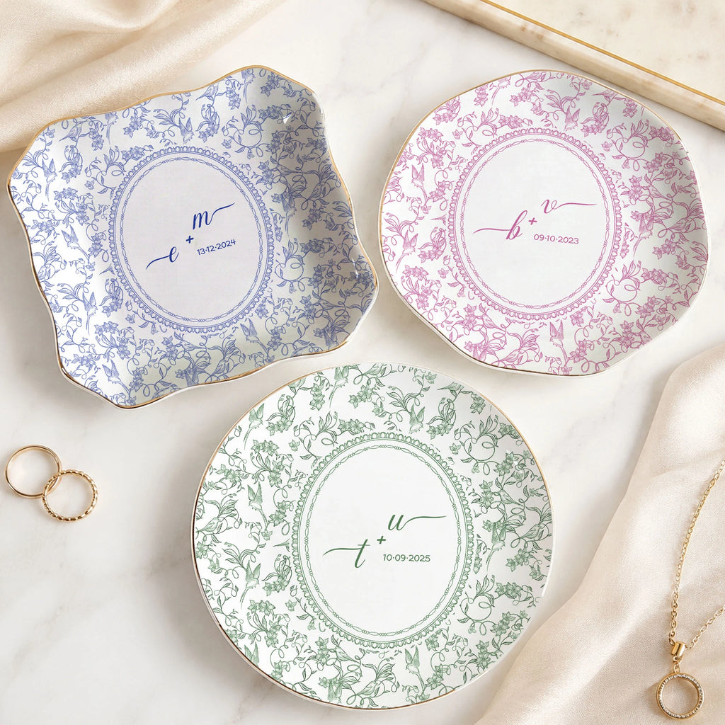 Close-up of Personalized Toile Pattern Trinket Dish Custom Ceramic Jewelry Ring Holder Wedding Bridal Shower Gif