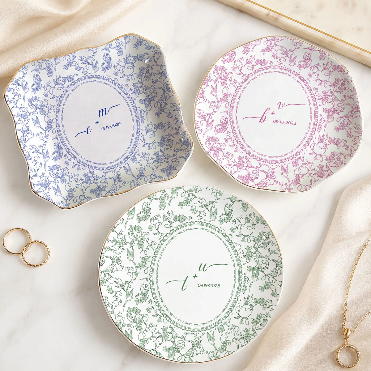 Close-up of Personalized Toile Pattern Trinket Dish Custom Ceramic Jewelry Ring Holder Wedding Bridal Shower Gif