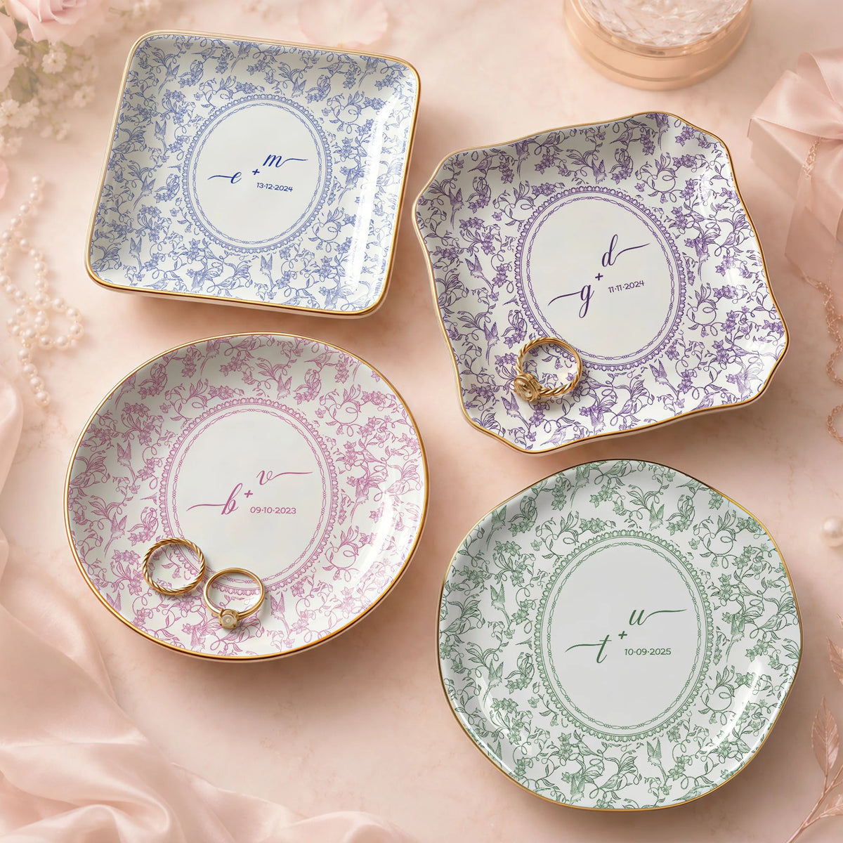 Personalized Toile Pattern Trinket Dish Custom Ceramic Jewelry Ring Holder Wedding Bridal Shower Gif