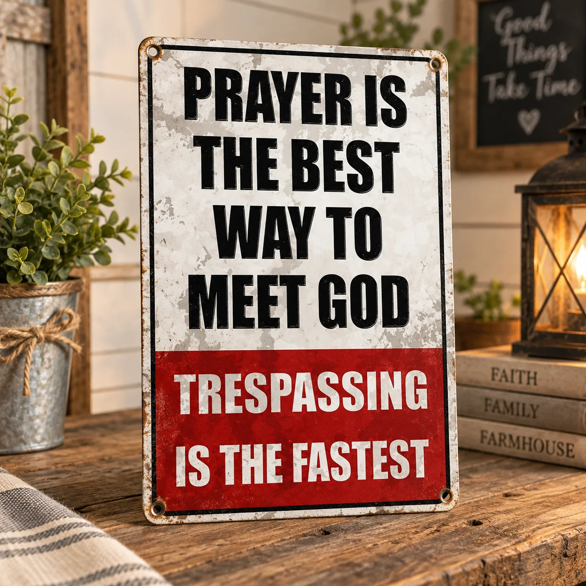 Close-up of Prayer Is The Best Way To Meet God Trespassing Is The Fastest Vintage Metal Sign Christian Humor Wal