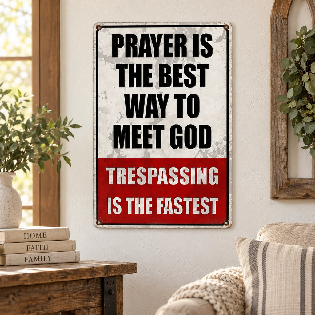 Close-up of Prayer Is The Best Way To Meet God Trespassing Is The Fastest Vintage Metal Sign Christian Humor Wal