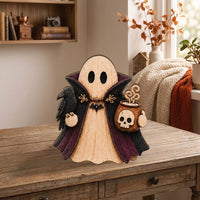 Customer in Los Angeles wearing Rustic Wooden Ghost Halloween Table Decor Wooden Figurine Set for Tiered Tray and Shelf Home Display
