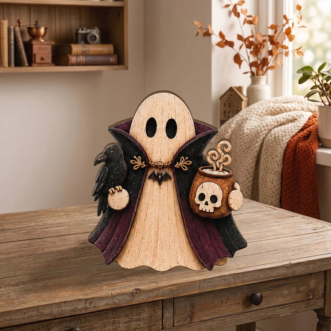 Customer in Los Angeles wearing Rustic Wooden Ghost Halloween Table Decor Wooden Figurine Set for Tiered Tray and Shelf Home Display