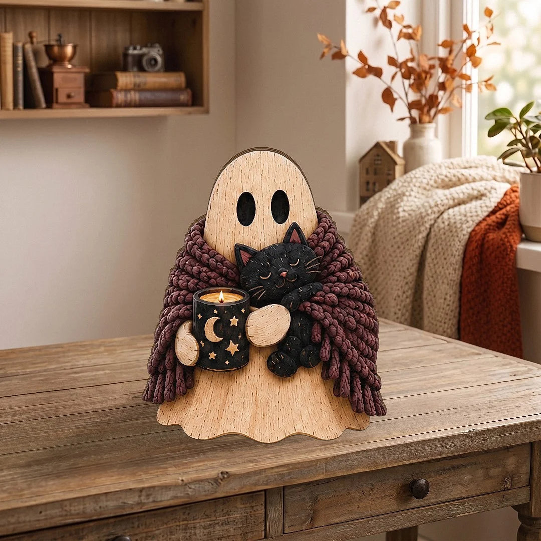 Close-up of Rustic Wooden Ghost Halloween Table Decor Wooden Figurine Set for Tiered Tray and Shelf Home Display for streetwear fans in Los Angeles