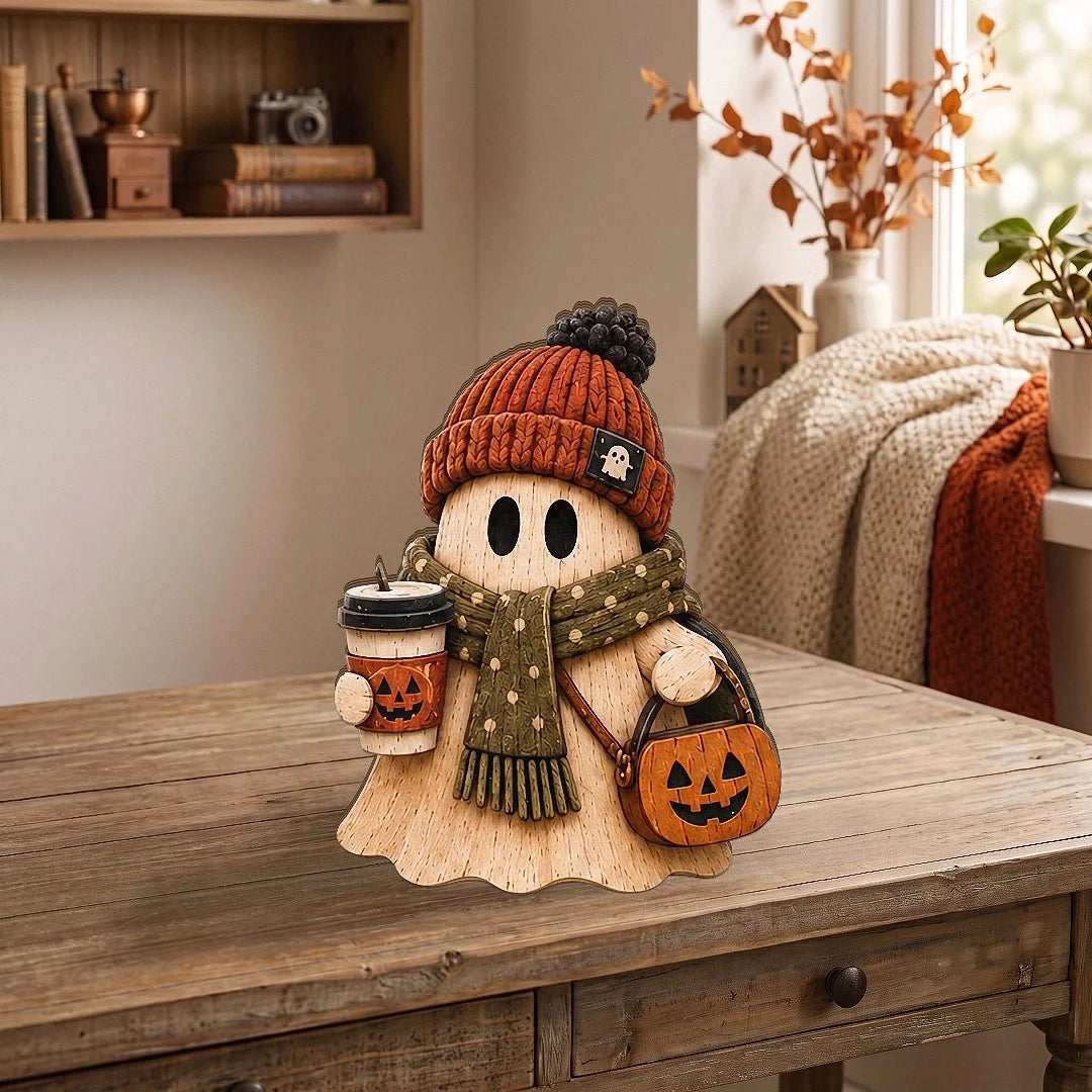 Customer in Los Angeles wearing Rustic Wooden Ghost Halloween Table Decor Wooden Figurine Set for Tiered Tray and Shelf Home Display