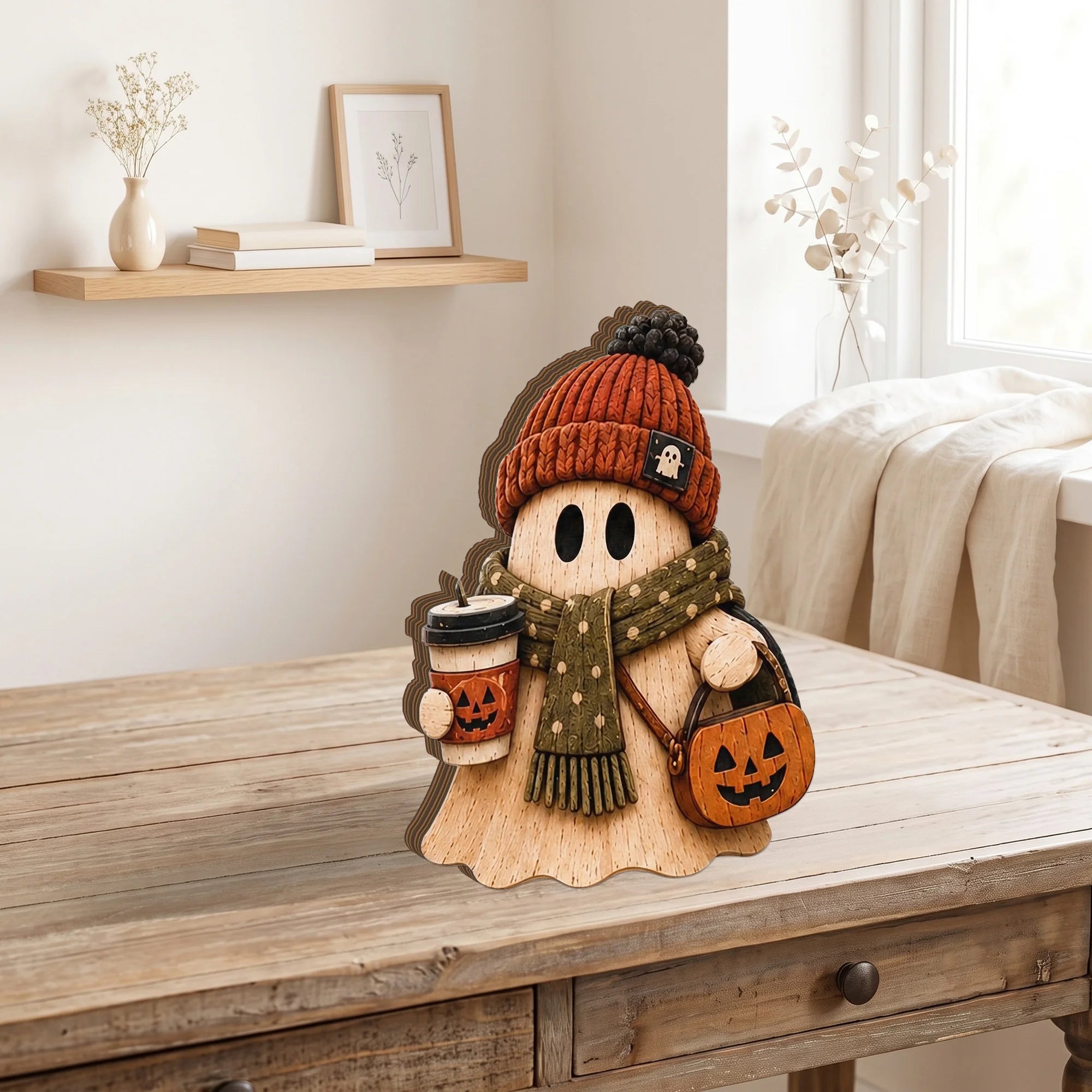 Close-up of Rustic Wooden Ghost Halloween Table Decor Wooden Figurine Set for Tiered Tray and Shelf Home Display for streetwear fans in Los Angeles