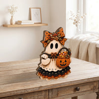 Customer in Los Angeles wearing Rustic Wooden Ghost Halloween Table Decor Wooden Figurine Set for Tiered Tray and Shelf Home Display