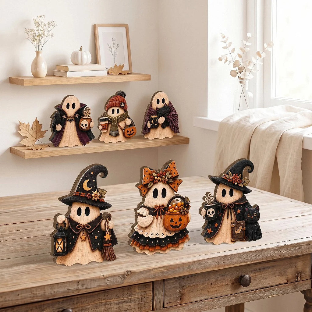Rustic Wooden Ghost Halloween Table Decor Wooden Figurine Set for Tiered Tray and Shelf Home Display