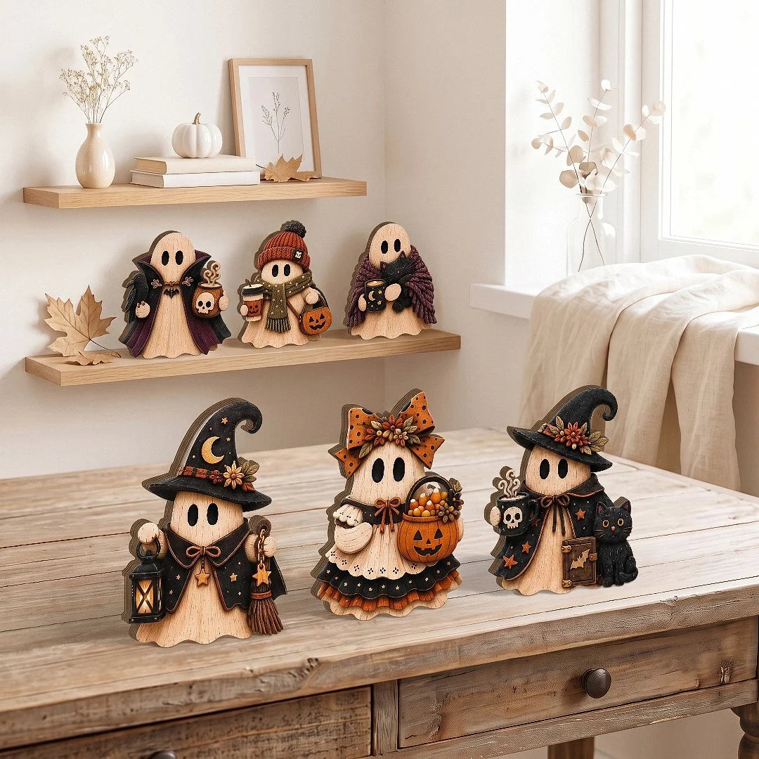 Rustic Wooden Ghost Halloween Table Decor Wooden Figurine Set for Tiered Tray and Shelf Home Display available at our Los Angeles warehouse