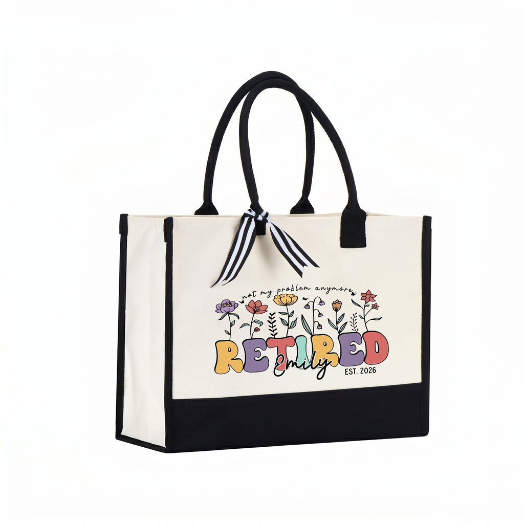 RodyThread Personalized Not My Problem Anymore Retired Est 2026 Canvas Tote Bag for Women Mom Coworker Retro Groovy Floral Funny Natural Cotton Canvas Black Trim Retirement Party Gifts Custom Name Beach Travel Shoulder Bag