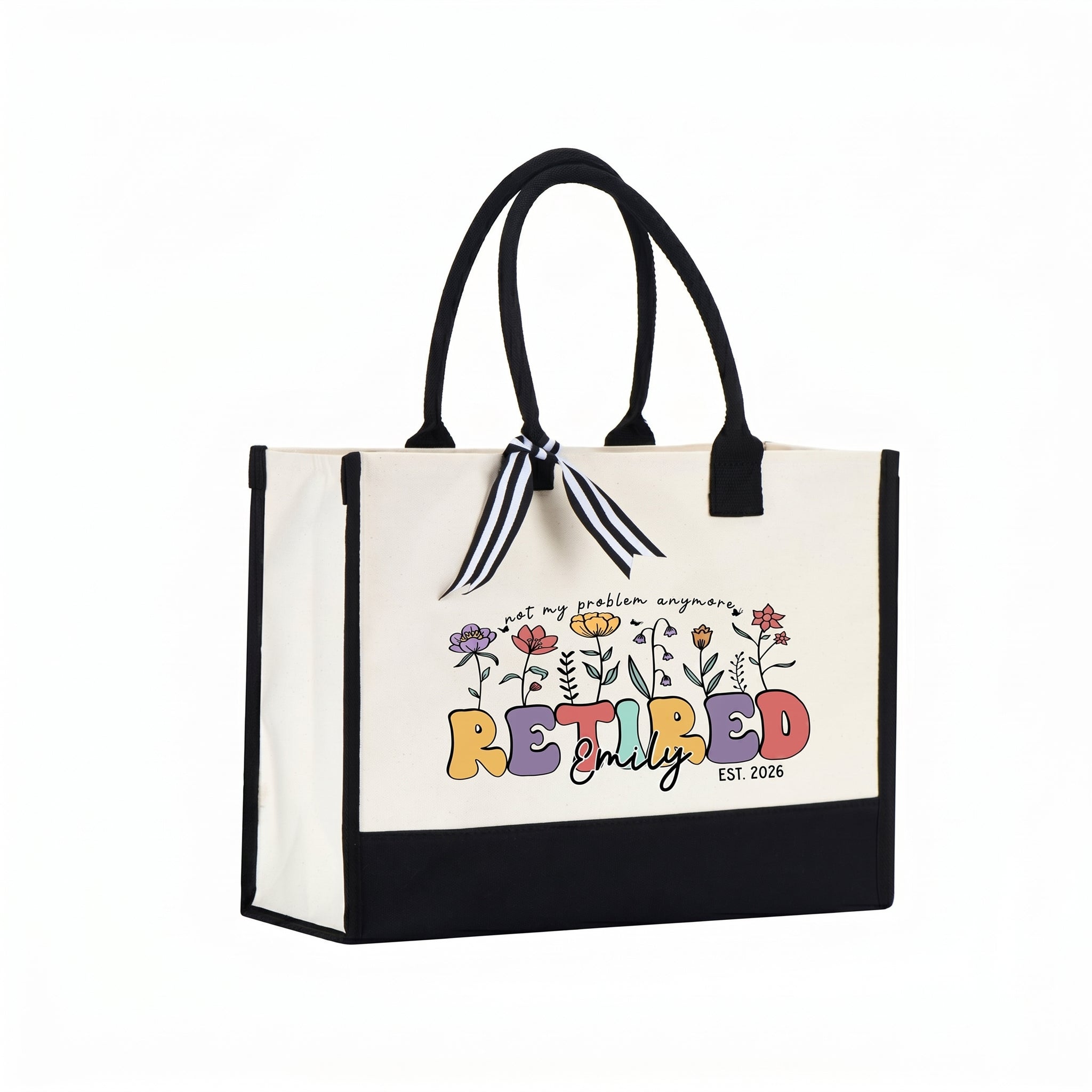 RodyThread Personalized Not My Problem Anymore Retired Est 2026 Canvas Tote Bag for Women Mom Coworker Retro Groovy Floral Funny Natural Cotton Canvas Black Trim Retirement Party Gifts Custom Name Beach Travel Shoulder Bag